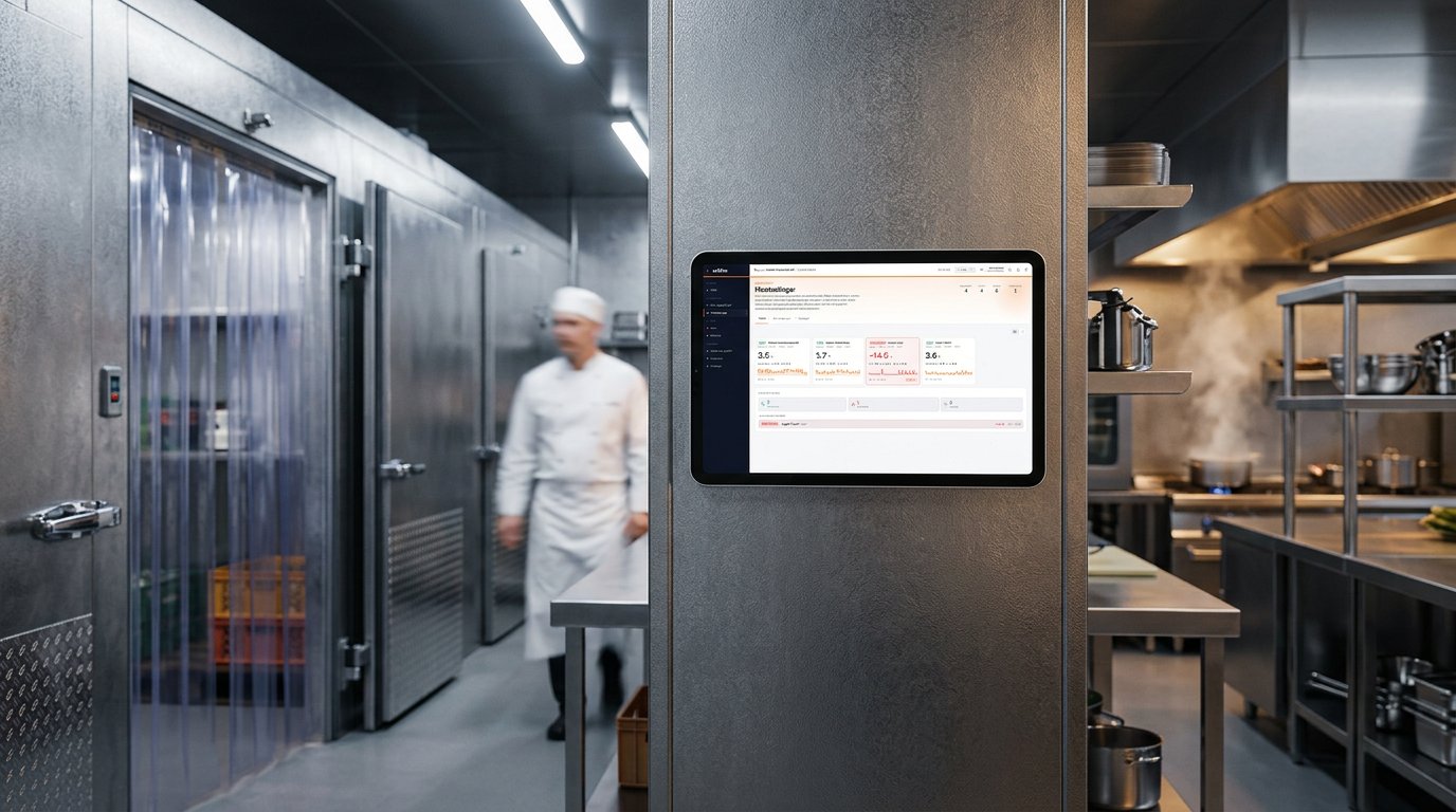 Hitamælingar á skjá á vegg við kæliherbergi